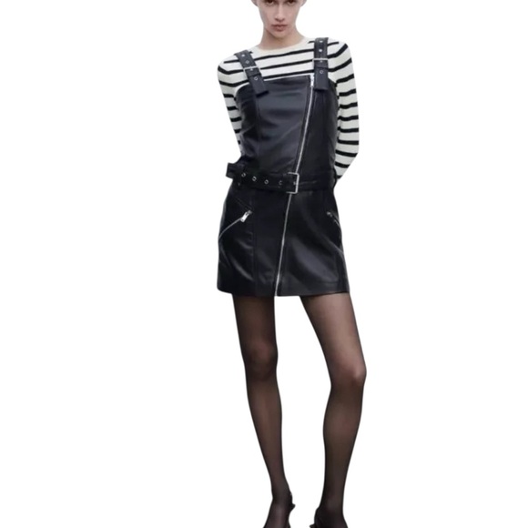 ZARA Real Leather Black Overall Mini Dress – Size L New - Picture 6 of 7